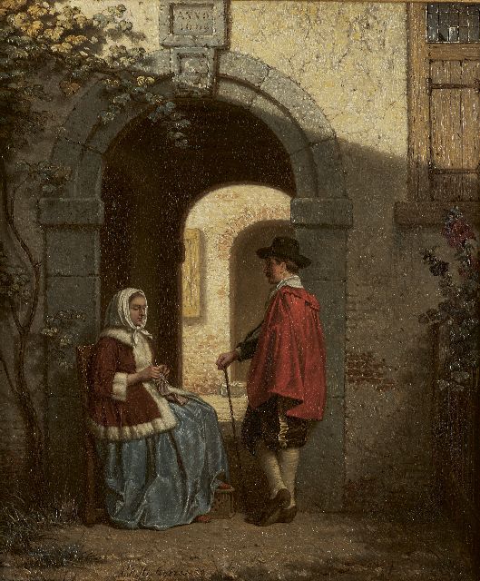 Antoon François Heijligers | Schwätzchen an der Tür, Öl auf Holz, 22,2 x 18,7 cm, Unterzeichnet l.von der Mitte und datiert 1859