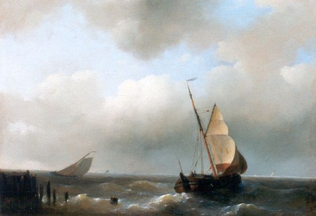 Abraham Hulk | Sailing vessels in full sail near the coast, Öl auf Holz, 15,3 x 20,9 cm