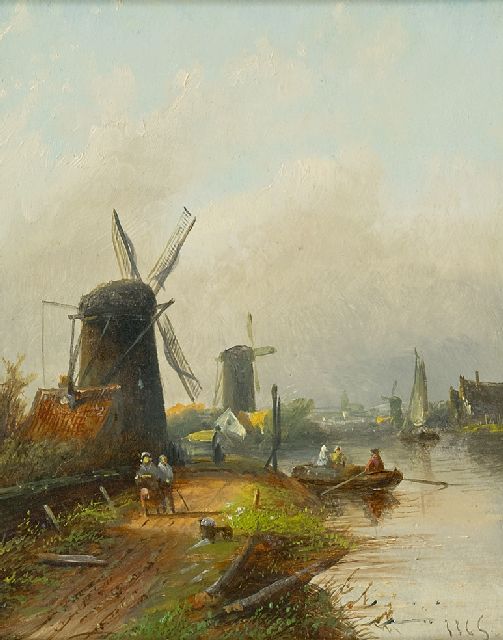 Jacob Jan Coenraad Spohler | Flussansicht mit Mühlen, im Sommer, Öl auf Holz, 20,4 x 16,0 cm, Unterzeichnet r.u. mit Initialen