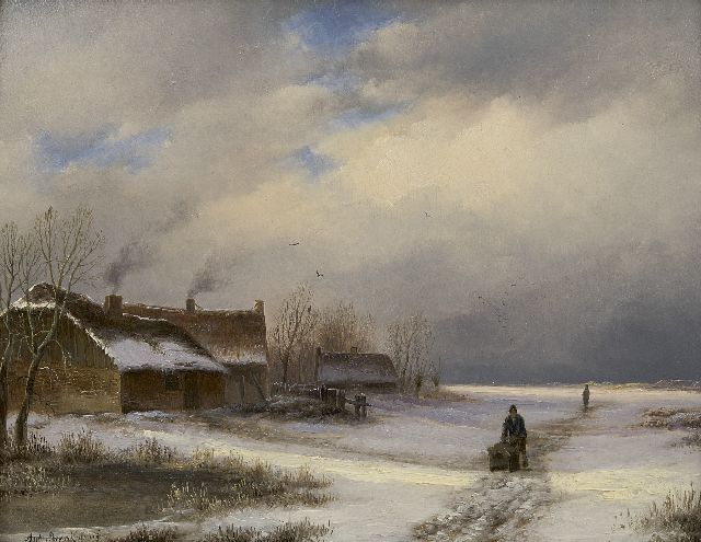 Anton Braakman | Bauernhof an beschneitem kanal, Öl auf Holz, 18,5 x 23,1 cm, Unterzeichnet l.u.