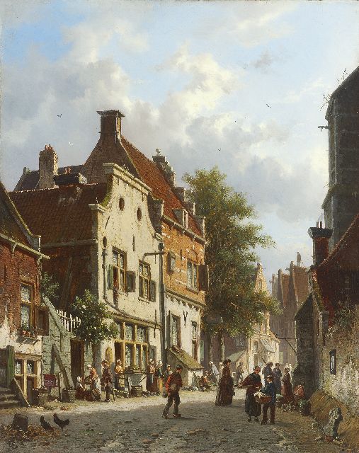 Adrianus Eversen | Busy Dutch street scene, Öl auf Tafel, 38,6 x 30,8 cm, signed l.l. with monogram