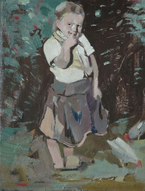 Karel Wiggers | Girl with a chicken, Öl auf Holzfaser, 30,3 x 23,9 cm