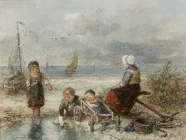 Mari ten Kate | Fisherman's wife and her children on the beach, Aquarell auf Papier, 20,6 x 28,3 cm, signed l.r.