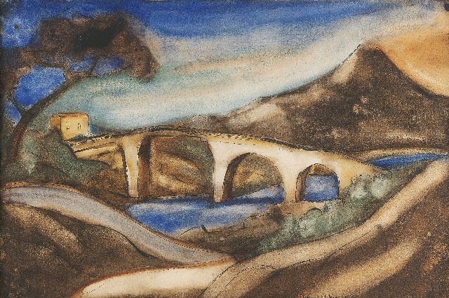 Lodewijk Schelfhout | The bridge, Tinte, Kreide und Aquarell auf Papier, 34,4 x 51,0 cm, signed l.r. und painted '1920 Corse'