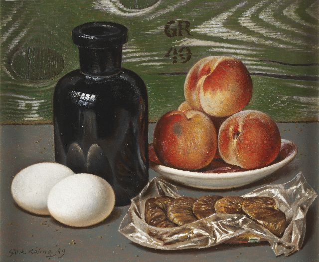 Gé Röling | Still life with peaches, eggs and figs, Öl auf Holzfaser, 25,0 x 30,1 cm, signed l.l. and on the reverse and u.m. with initials und dated '49 l.l., u.c. and on the rear side