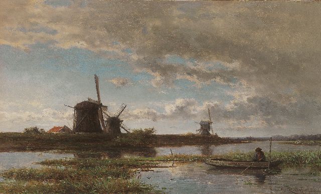 Willem Roelofs | Anglers in a polder landscape, Öl auf Holz, 24,2 x 40,4 cm, signed l.r. und dated '56