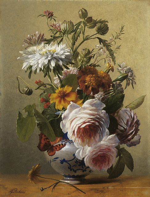 Hendrik Reekers sr. | Flower still life with roses, marigolds and chrysanthemums, Öl auf Holz, 31,9 x 24,4 cm, signed l.l.