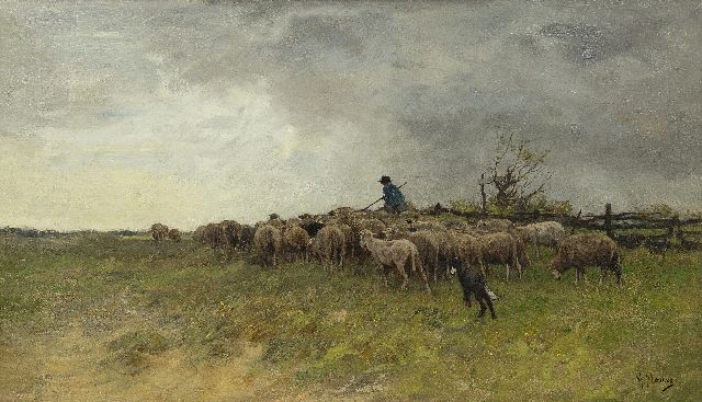 Anton Mauve | Landschaft mit Hirten und einer Herde, Öl auf Leinwand, 38,6 x 66,5 cm, Unterzeichnet r.u.