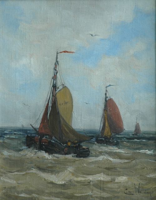 Kees van Waning | Barges at sea, Öl auf Leinwand, 35,3 x 28,1 cm, signed l.r.