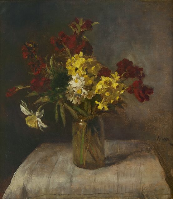 Kever J.S.H.  | Frühlingsstrauss in gläserner Vase, Öl auf Leinwand 53,5 x 47,2 cm, Unterzeichnet M.r.