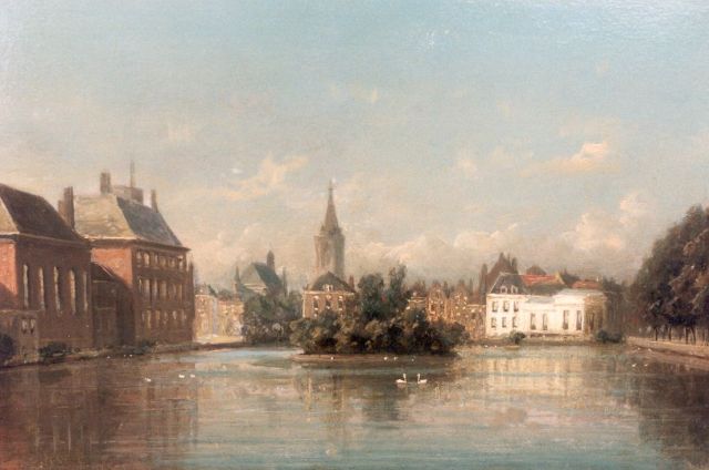 Johannes Josephus Destrée | A view of the 'Hofvijver', The Hague, Öl auf Holz, 13,0 x 19,0 cm, signed l.r.