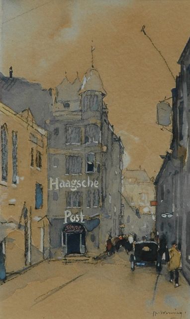 Wenning IJ.H.  | Figures on a street in The Hague, Schwarze Kreide und Aquarell auf Papier 18,8 x 11,1 cm, signed l.r. und painted circa 1929