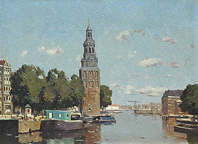 Gerrit van Jeveren | Anblick auf den Montelbaansturm am Oude Schans, Amsterdam, Öl auf Leinwand, 30,3 x 40,5 cm, gesigneerd r.o. (resten)