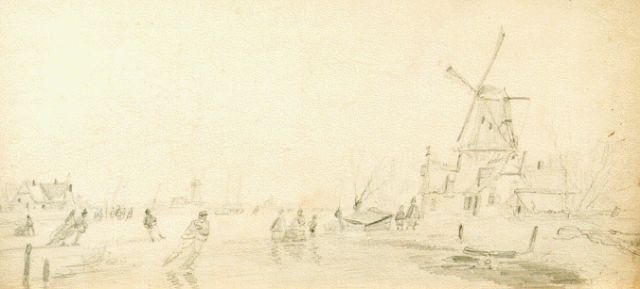 Meijier A.A. de | Skaters on a frozen river, Bleistift auf Papier 15,5 x 32,5 cm