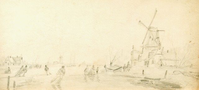 Anthony Andreas de Meijier | Skaters on a frozen river, Bleistift auf Papier, 15,5 x 32,5 cm