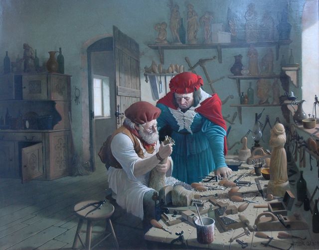 Vida Gábor | The woodworkers, Öl auf Holz, 39,0 x 49,0 cm, signed l.r.