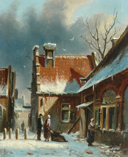 Adrianus Eversen | A city's winter view, Öl auf Holz, 20,0 x 15,8 cm, signed l.l. with monogram