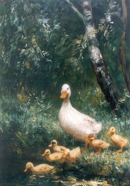 Constant Artz | Hen with ducklings watering, Öl auf Holz, 18,1 x 13,1 cm, signed l.r.