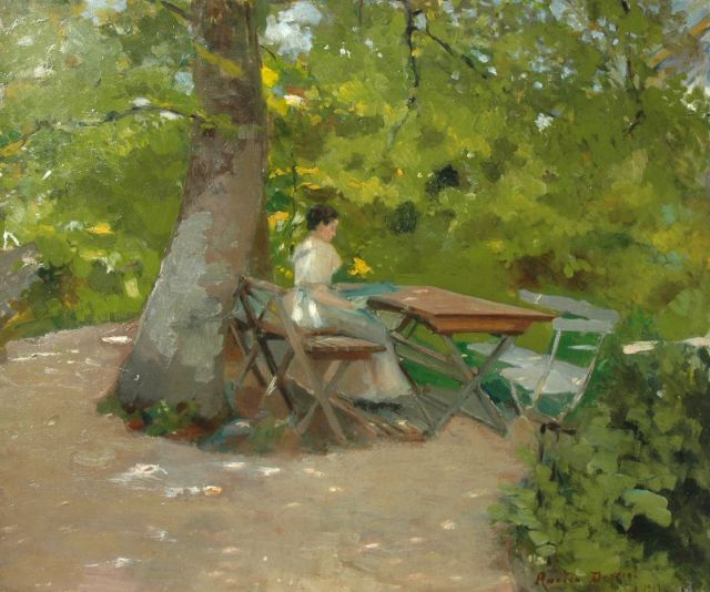 Degreef A.  | A young woman reading in the garden, Öl auf Leinwand 50,4 x 60,2 cm, signed l.r. und dated 1919