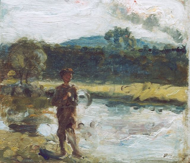 Jacob Maris | Farmer in a summer landscape, a steam-train in the distance, Ölfarbeskizze auf Leinwand auf Holz, 22,7 x 25,7 cm