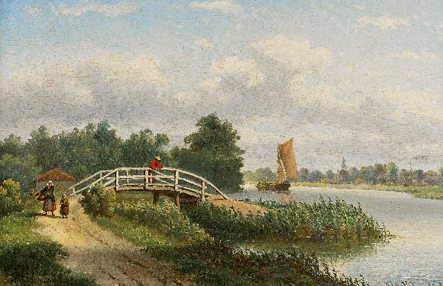 Johannes Jacobus Antonius Hilverdink | A summer landscape with figures along the river, Öl auf Holz, 24,6 x 36,0 cm, signed l.r.