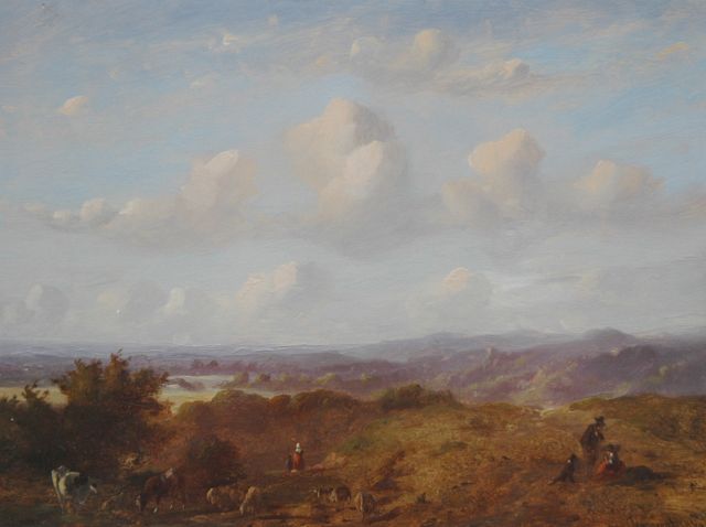 Johannes Tavenraat | A panoramic landschape with a shepherd and cattle, Öl auf Holz, 22,0 x 29,7 cm, signed l.r. und dated 1849