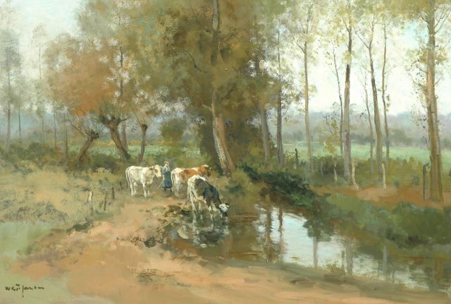 Jansen W.G.F.  | Watering cows in a wooded landscape, Öl auf Leinwand 82,2 x 117,8 cm, signed l.l.