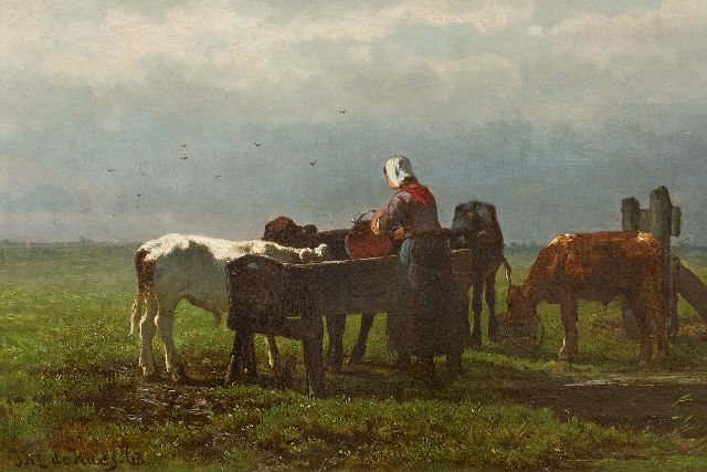 Jan de Haas | Kälber füttern, Öl auf Tafel, 22,7 x 33,0 cm, Unterzeichnet l.u. und datiert '63