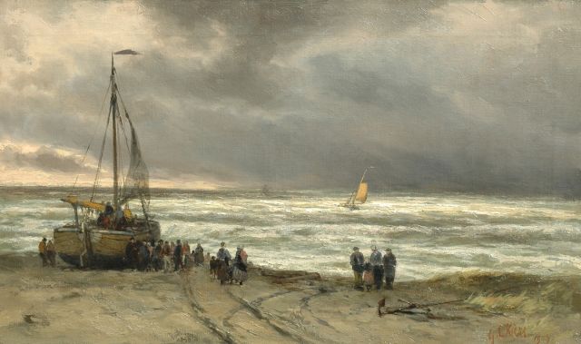 George Lourens Kiers | Fishervolk near a beached fishing boat, Öl auf Leinwand, 38,3 x 64,2 cm, signed l.r. und dated 1909