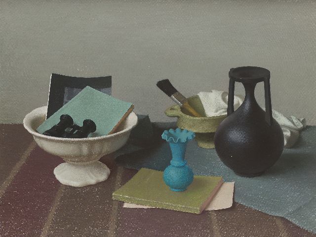 Jan van Tongeren | Still life in blue and black, Öl auf Leinwand, 63,0 x 80,5 cm, signed u.r. und dated 1958