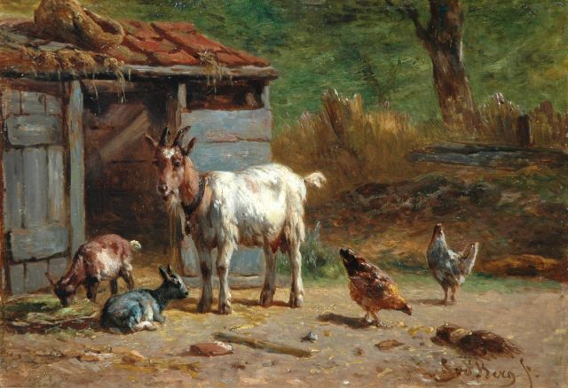 Simon van den Berg | Goats and chicken in a farmyard, Öl auf Holz, 17,3 x 25,0 cm, signed l.r