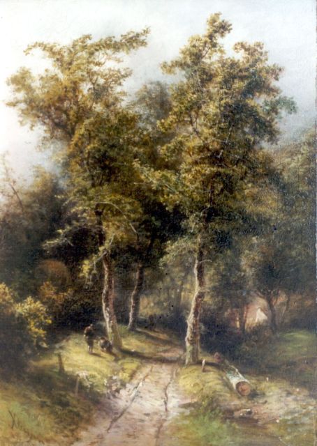 Kluyver P.L.F.  | Figures near a wooded path, Öl auf Holz 34,8 x 24,8 cm, signed l.l.