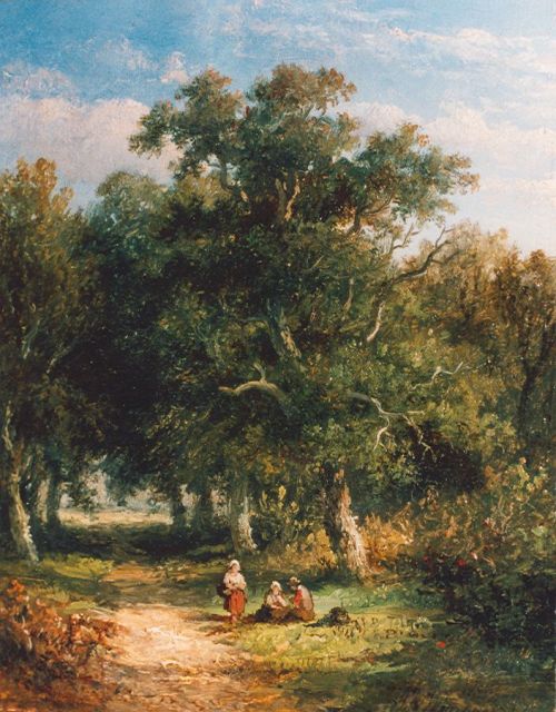 Wijngaerdt A.J. van | Travellers in a wooded landscape, Öl auf Holz 14,8 x 11,8 cm, signed l.r. und dated 1854