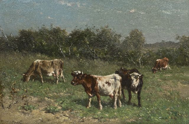 Haas J.H.L. de | Grasende Kühe in einer Dünenlandschaft, Öl auf Papier auf Holz 31,4 x 47,2 cm, Unterzeichnet l.u.