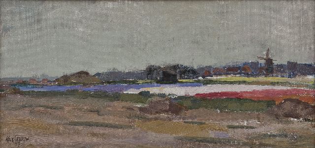Han Grovers | Landschaft mit Blumenzwiebelfeldern und Mühle, Öl auf Leinwand auf Holz, 23,3 x 48,8 cm, Unterzeichnet 'Han G( r)overs' l.u. und datiert '37