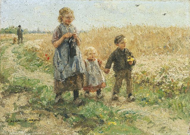 Jan Zoetelief Tromp | Children in a corn field, Öl auf Holz, 24,3 x 33,9 cm, signed l.l.