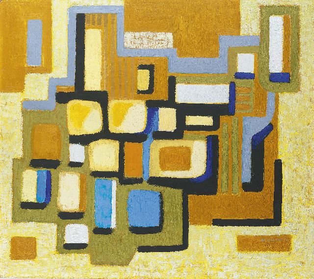 Piet Smissaert | Komposition in Blau, Grün und Gelb, Öl auf Holzfaser, 65,8 x 75,2 cm, Unterzeichnet r.u. und datiert '56