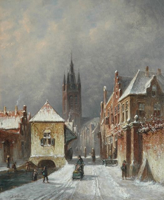 Petrus Gerardus Vertin | A cityview in winter of Delft, Öl auf Holz, 24,1 x 20,0 cm, signed l.l.