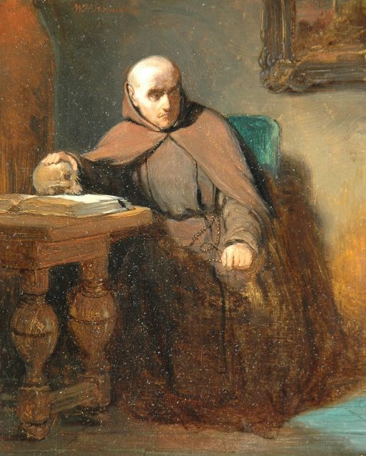 Schmidt W.H.  | Memento mori: a monk in his cell, Öl auf Holz 19,8 x 15,7 cm, signed u.l.