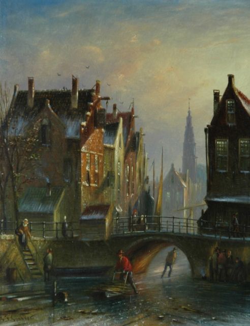 Johannes Franciscus Spohler | Figures on a Dutch canal in winter, Öl auf Holz, 20,5 x 16,0 cm, signed l.l.