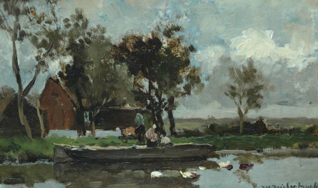 Jan Hendrik Weissenbruch | Moored along the canal, Öl auf Leinwand  auf Holzfaser, 19,8 x 31,8 cm, signed l.r.