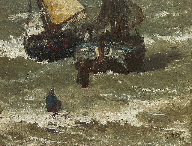 Hendrik Willem Mesdag | Two bomschuiten in the surf, Öl auf Leinwand auf Tafel, 29,2 x 38,5 cm, signed l.r. with initials