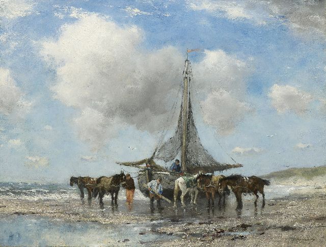 Johan Frederik Cornelis Scherrewitz | Fischer'pink' und Zugpferde auf dem Strand, Öl auf Leinwand, 50,8 x 66,1 cm, Unterzeichnet r.u.
