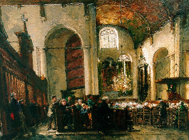 Richard Bisschop | Attending mass, Maasssluis, Öl auf Holz, 45,7 x 56,0 cm, signed l.l.