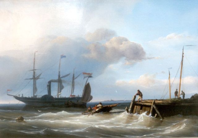Nicolaas Riegen | Paddle steamer near a pier, Öl auf Holz, 28,8 x 41,2 cm, signed l.l.