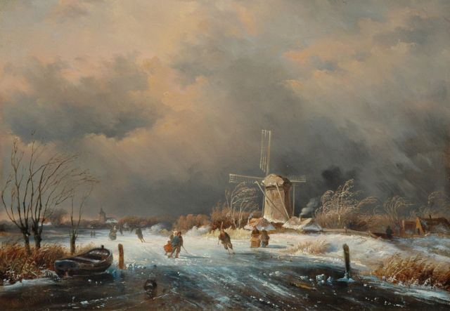 Charles Leickert | Skaters in upcoming snowstorm, Öl auf Tafel, 24,4 x 35,0 cm, signed l.l. und dated '50