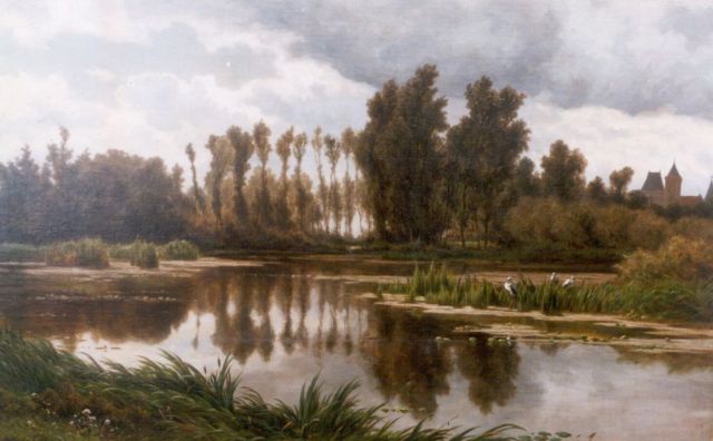 Adrianus van Everdingen | A pond with a castle in the distance, Öl auf Leinwand, 68,0 x 109,0 cm
