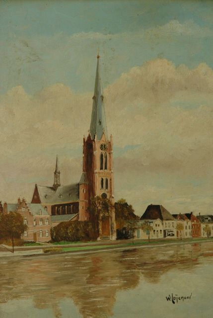 W. | Dorfkirche am Wasser, Öl auf Holzfaser, 38,5 x 26,5 cm