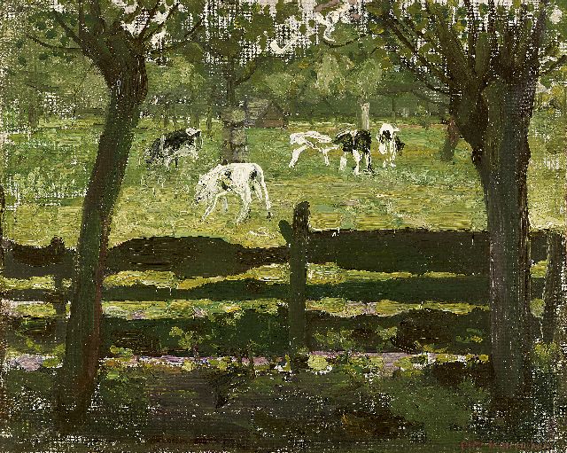 Piet Mondriaan | Calves in the meadow - 'het white bull-calf', Öl auf Leinwand  auf Holzfaser, 31,0 x 39,1 cm, signed l.r. und painted ca. 1905