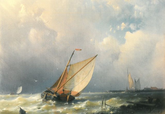 Hulk A.  | A sailing vessel on a breezy day, Öl auf Holz 17,2 x 23,5 cm, signed l.r.
